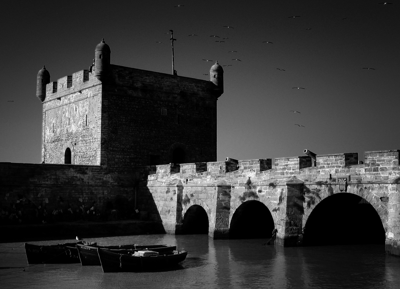 Photo noir et blanc de la Skala du port d'Essaouira - Maroc